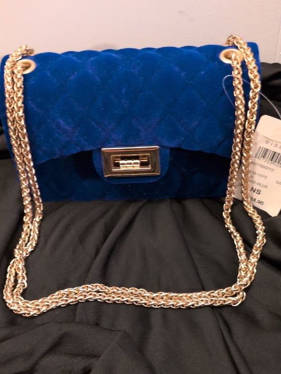Windsor Handbags - Windsor Quilted Velvet Crossbody in Royal Blue with Gold Chain